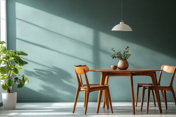 Wooden dining table and chairs against green wall. Scandinavian, mid-century home interior design of modern dining room, Generative AI