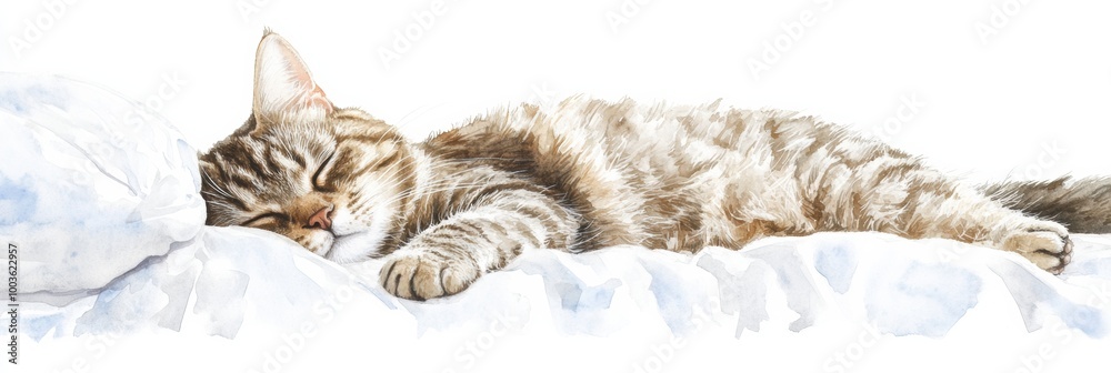 Poster a peaceful tabby cat sleeping soundly on a soft bedspread against a clean white background in a sere