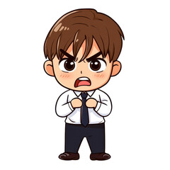 Adorable chibi boy sticker, dressed cutely, bows and apologizes against a clean white backdrop for a charming touch