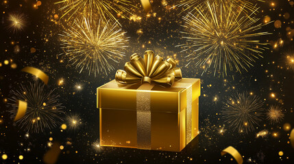 Golden gift box, with ribbon and fireworks. AI generation.