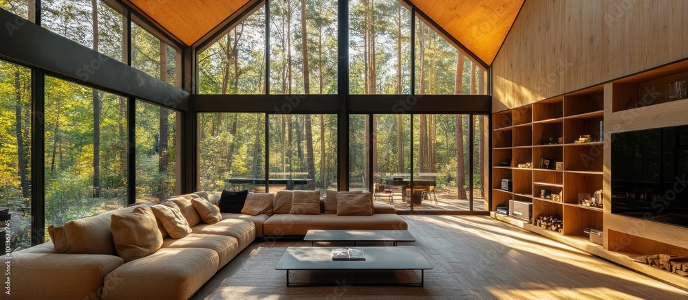 Wall mural Modern living room with large windows overlooking a forest.