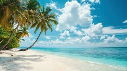 Beautiful tropical beach with white sand, palm trees, turquoise ocean against blue sky with clouds on sunny summer day. 