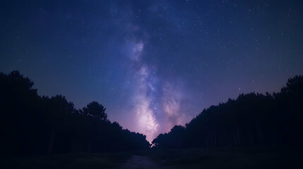Fototapeta premium Night Sky Photo with Milky Way Over Silhouette of Trees