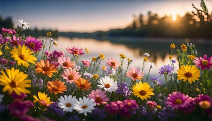 Fototapeta premium A serene image of brightly colored flowers blooming.