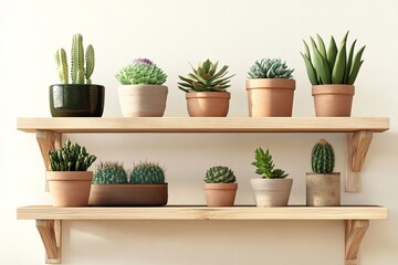 Fototapeta premium PNG mockup of a wooden plant shelf featuring small cacti.