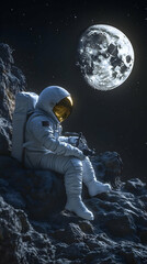 Fototapeta premium 3D Illustration of an Astronaut Sitting on a Rocky Surface with a Large Moon in the Background