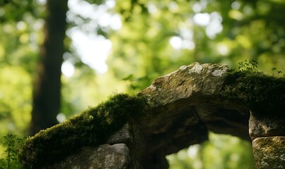 A stone arch with moss growing along the edges, Generative AI