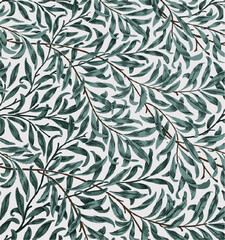  vintage willow leaf pattern in green on white background.