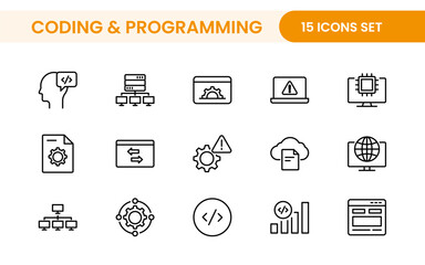 Programming coding set of web icons in line style. Software development icons for web and mobile app. Code, api, programmer, developer, information technology, coder and more.