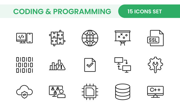Programming coding set of web icons in line style. Software development icons for web and mobile app. Code, api, programmer, developer, information technology, coder and more.