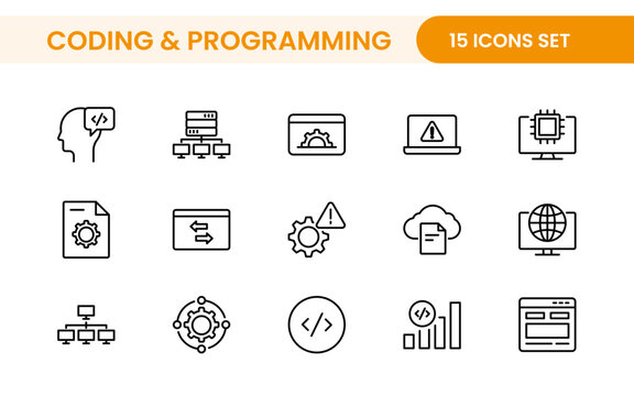 Programming coding set of web icons in line style. Software development icons for web and mobile app. Code, api, programmer, developer, information technology, coder and more.