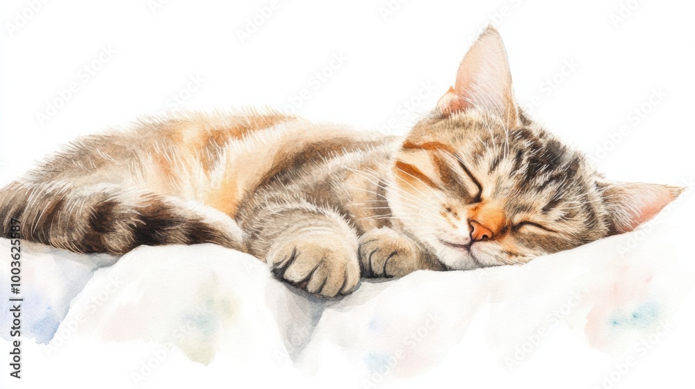 Poster A fluffy tabby cat peacefully sleeping on a soft bedspread with a white background during a calm afternoon. Generative AI