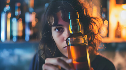 A man holding a bottle of alcohol with a blank expression on his face.
