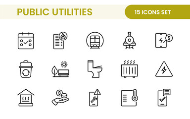 Public utilities linear signed icon collection. Signed thin line icons collection. Set of public utilities simple outline icons.