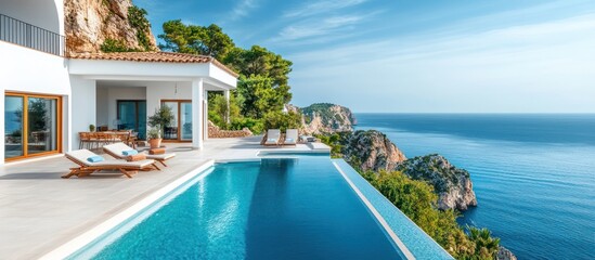 Fototapeta premium Modern villa with infinity pool overlooking the ocean.