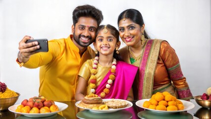 Fototapeta premium Indian Family Celebrating Ganesh Festival or Diwali: Enjoying Sweets, Taking Selfies, and Engaging in Festive Activities