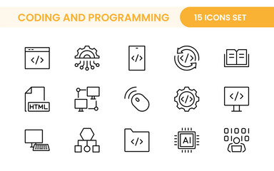 Programming coding set of web icons in line style. Software development icons for web and mobile app. Code, api, programmer, developer, information technology, coder and more.