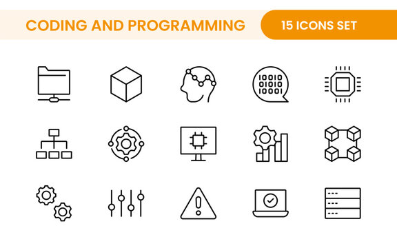 Programming coding set of web icons in line style. Software development icons for web and mobile app. Code, api, programmer, developer, information technology, coder and more.