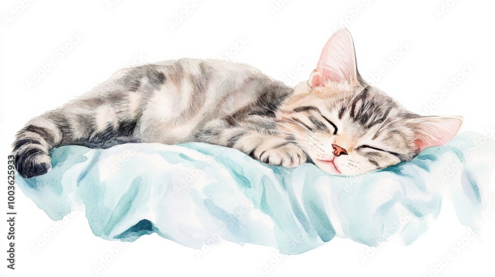 Poster A content sleeping cat nestled on a soft bedspread, peacefully resting against a simple white background. Generative AI