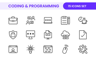 Programming coding set of web icons in line style. Software development icons for web and mobile app. Code, api, programmer, developer, information technology, coder and more.
