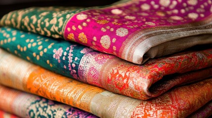 Brightly colored Indian textile with hand-printed motifs, folded neatly, leaving room for copy.