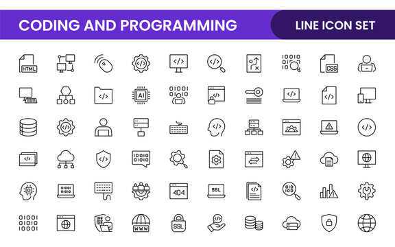 Programming coding set of web icons in line style. Software development icons for web and mobile app. Code, api, programmer, developer, information technology, coder and more.