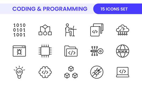 Programming coding set of web icons in line style. Software development icons for web and mobile app. Code, api, programmer, developer, information technology, coder and more.