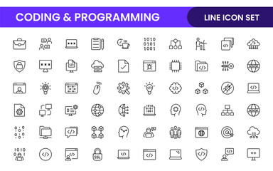 Programming coding set of web icons in line style. Software development icons for web and mobile app. Code, api, programmer, developer, information technology, coder and more.
