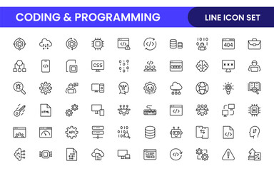 Programming coding set of web icons in line style. Software development icons for web and mobile app. Code, api, programmer, developer, information technology, coder and more.