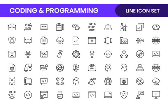 Programming coding set of web icons in line style. Software development icons for web and mobile app. Code, api, programmer, developer, information technology, coder and more.
