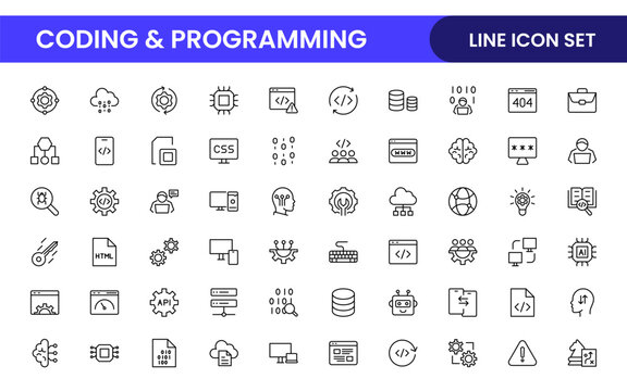 Programming coding set of web icons in line style. Software development icons for web and mobile app. Code, api, programmer, developer, information technology, coder and more.