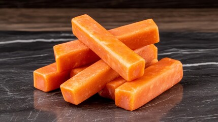 A pile of vibrant orange carrot sticks on a sleek black background, perfect for healthy snack ideas.