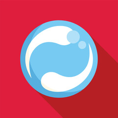 Blue and white glass marble is casting a long shadow on a red background