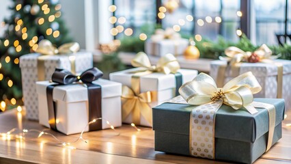 A collection of beautifully wrapped gifts with bows under a Christmas tree, surrounded by twinkling lights. Perfect for holiday decor, Christmas content, and gift guides...