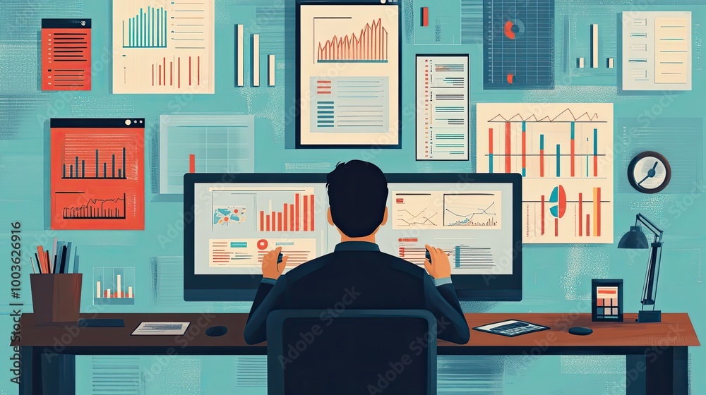 Poster man analyzing data on computer monitors in an office
