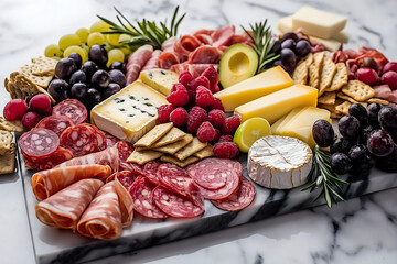 A beautifully arranged charcuterie board filled with artisanal cheeses, cured meats, fresh fruits, and crackers on a marble surface, Breakfast board selection