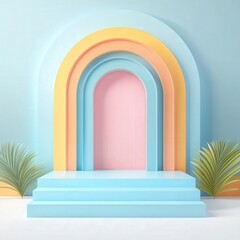 Fototapeta premium Pastel Rainbow Archway with Steps and Plants.