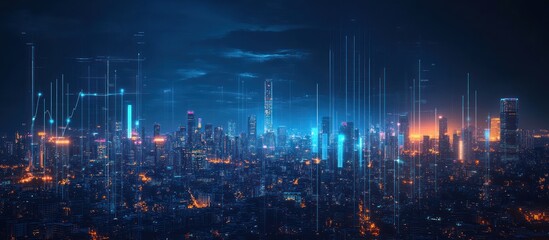 Fototapeta premium Night cityscape with glowing skyscrapers and digital lines in the sky.