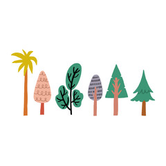 Colorful Hand-Drawn Trees in a Modern Style on White Background