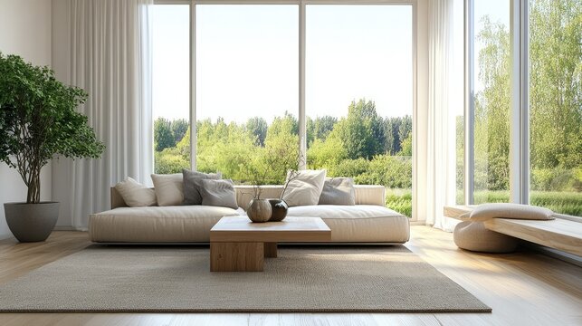 Contemporary living room with neutral decor and large windows, leaving room for copy.