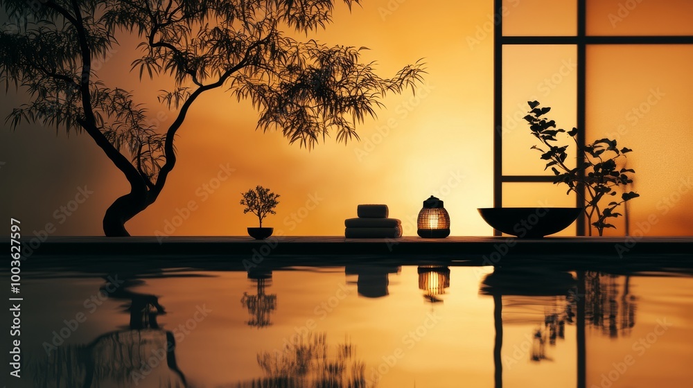 Wall mural Silhouette of a tranquil spa setup with a calming atmosphere.