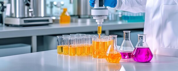 Scientist pouring liquid into glass flasks in laboratory setting, bright colors.