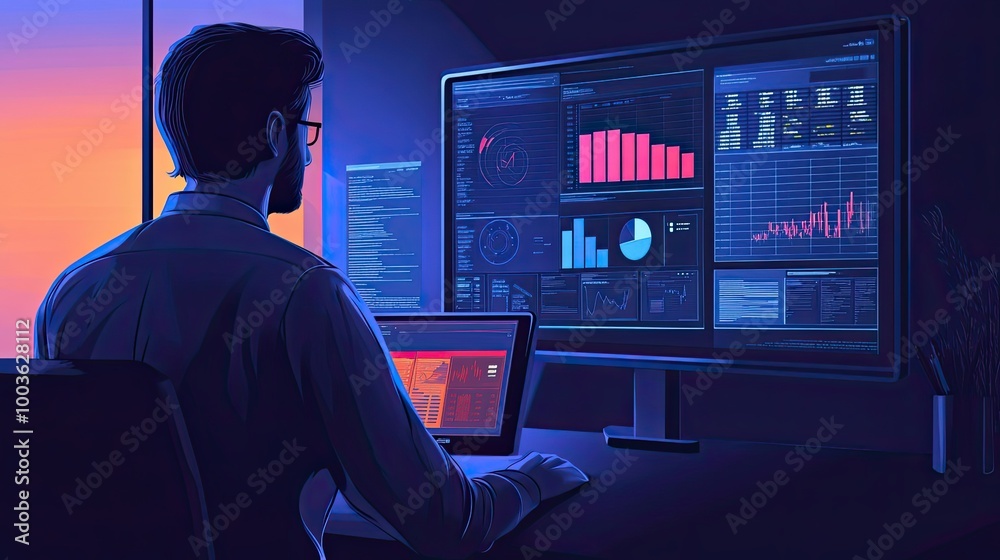 Poster a man analyzing data on multiple computer screens in a dark room