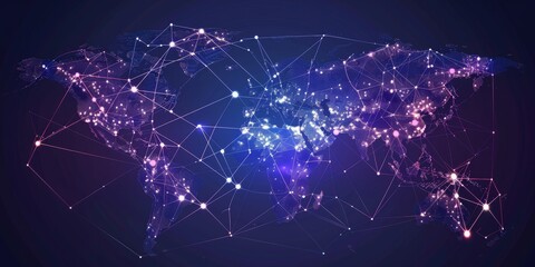 A digital world map showcasing global network connections with glowing nodes and lines, representing data exchange and connectivity.