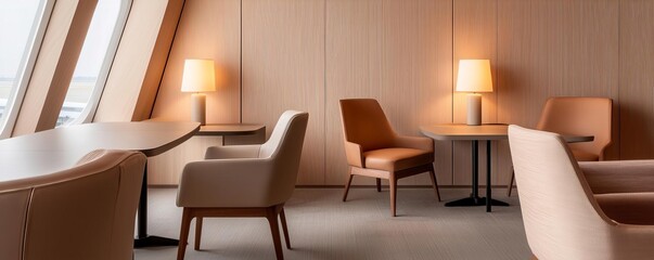 Fototapeta premium Airline lounge featuring a dedicated work area with sleek desks