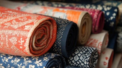 Handwoven Indian cotton fabric with traditional patterns, neatly folded, leaving room for text.