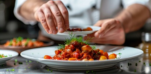 A chef is preparing a dish with vegetables on top of white plate. AI.
