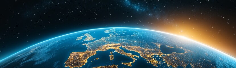 Abstract View of the Earth with Glowing Lights and Stars in Space