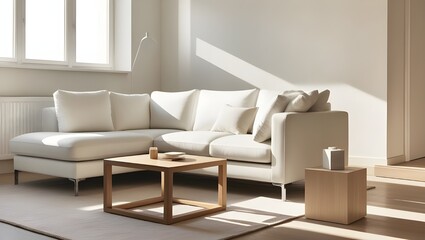 A cozy modern living room with a sleek white sofa and a wooden coffee table