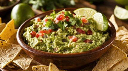A bowl of guacamole with tortilla chips on the side, garnished with fresh cilantro, lime wedges, and diced tomatoes.